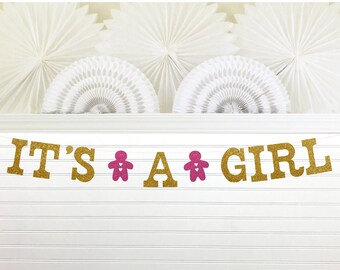 Holiday It's a Girl Banner - Glitter 5 Inch Letters - Christmas Baby Shower Decorations Its A Girl Garland Gingerbread Cookie Pink Gold Sign
