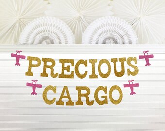 Precious Cargo Banner - 5 inch Letters - Airplane Baby Shower Decorations Banner Pink Plane Girls Baby Shower Banner Vintage Airplane Sign