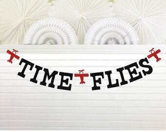 Airplane Birthday Banner - 5 Inch Letters - Time Flies Party Decorations First Plane Theme Garland Vintage Paper Airplane Sign Pilot Flying