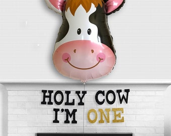 Holy Cow Banner - Glitter 5 inch tall letters - Cow 1st First Birthday Sign One Little Cowboy Theme Farmer Ranch Party Decor Farm Barnyard