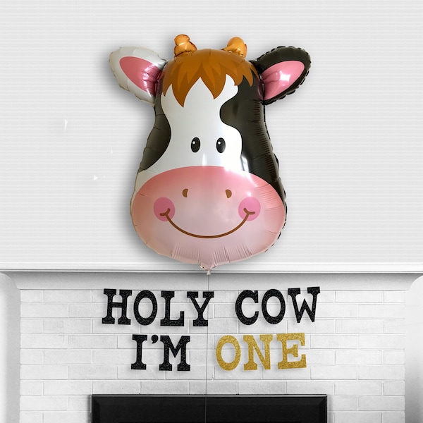 Holy Cow Banner - Glitter 5 inch tall letters - Cow 1st First Birthday Sign One Little Cowboy Theme Farmer Ranch Party Decor Farm Barnyard