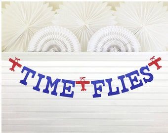 Time Flies Banner - Glitter 5 Inch Letters - Airplane Birthday Decorations 1st First Plane Theme Garland Vintage Airplane Sign Pilot Flying