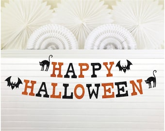 Happy Halloween Banner - Glitter 5 inch Letters - Black Cat Flying Bat Spooky October Home Decorations Garland Haunted House Gothic Black