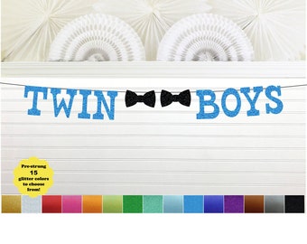 Twin Boys Banner - Glitter 5 Inch Letters - Twin Baby Boys Shower Bow Ties Decoration It's Twins Garland Bowtie Theme Brothers Blue Black