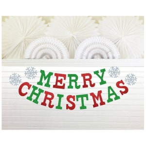 Merry Christmas Banner 5 inch Letters Snowflake Christmas Mantel Decoration Garland Glitter Home Decor Sparkle Holiday Banner Sign Snow Colors as shown