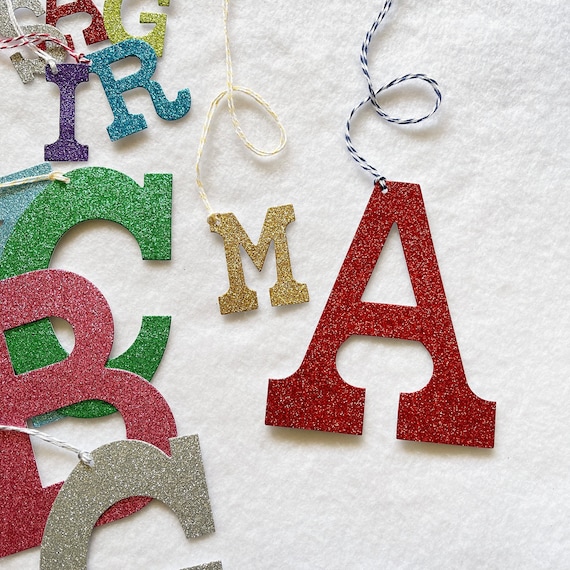 Glitter Letter Tags - 2" or 5" pre-strung - Die Cut Initial Gift Tag Holiday Christmas Gift Birthday Party Favor Monogram Alphabet Tags Il_570xn