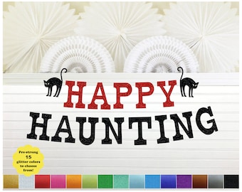 Happy Haunting Banner Halloween Home Decor Black Cat Glitter 5 inch Letters