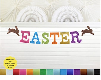 Glitter Easter Banner - 5 inch Letter - Chocolate Happy Easter Bunny Decorations Garland Spring Photo Prop Pastel Rabbit Home Decor Colorful