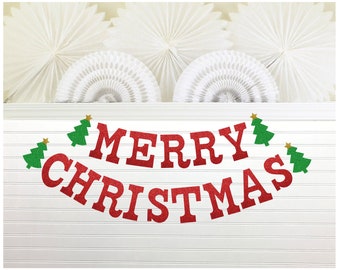 Glitter Christmas Banner - 5 inch Tall - Holiday Decor Garland Xmas Color Sign Red Gold Green Merry Christmas Fireplace Mantle Home Decor