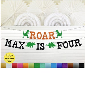 Roar I'm Four Banner - Glitter 5 inch Letters - Custom Dinosaur Birthday Party Decorations 4th Birthday TRex T Rex Dino Sign Jurassic Theme