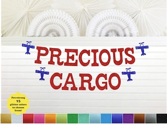Precious Cargo Banner - Glitter 5 inch Letters - Airplane Baby Shower Decorations Airplane Plane Baby Shower Garland Vintage Traveler Sign