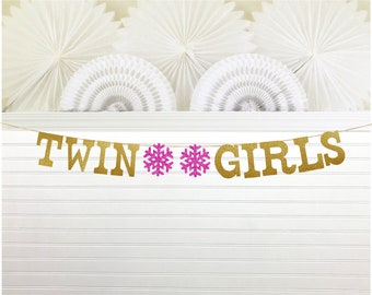 Twin Girls Banner - Glitter 5 Inch Letters - Snowflake Twin Girl Baby Shower Decorations Winter Twins Garland It's Twins Snowflake Sign Snow