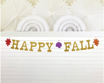 Happy Fall Glitter Banner - 5 inch Letters - Autumn Home Decor Thanksgiving Colorful Leaves Leaf Garland Fall Harvest Maple Oak Autumnal