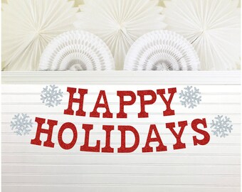 Happy Holidays Snowflake Banner - Glitter 5 inch Letters - Christmas Decorations Xmas Merry Holiday Mantel Decor