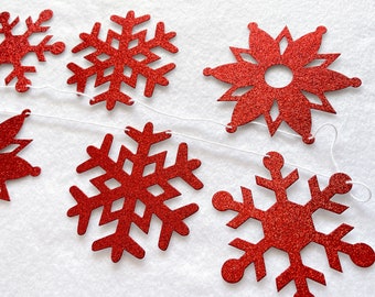 Snowflake Banner - Glitter 4 inch - Farmhouse Christmas Decor Winter Party Holiday Red