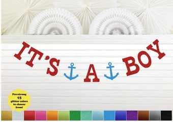 Nautical It's a Boy Banner - Glitter 5 Inch Letters - Anchor Theme Baby Boy Shower Decorations Sign Its A Boy Garland Beach Ocean Sailor Red