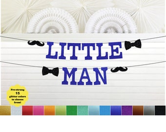 Little Man Banner - 5 Inch Letters - Mustache Theme Party Decoration Black Bow Tie Lil Mister Man Birthday Party Sign Bow Tie Baby Shower