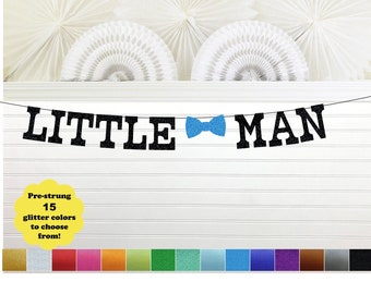Little Man Bow Tie Banner - 5 Inch Letters - Bowtie Party Decoration Blue Lil Little Man Theme First 1st Birthday Sign Bow Baby Shower Black