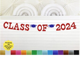 Class of 2024 Graduation Banner - Glitter 5 inch Letters - 2024 Grad Banner High School College Sign Garland Party Decorations Red Blue Gold