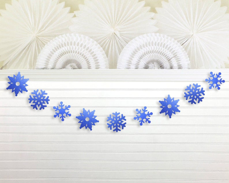 Blue Glitter Snowflake Garland 6 ft Long Winter Party Banner Christmas Snow Glam Holiday 2023 Decorations Glittery Royal Navy Onederland image 1
