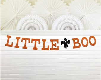 Little Boo Banner - Glitter 5 inch Letters - Ghost Decorations Booday Halloween Birthday Decor October Ghoul Spooky One Crew Baby Shower