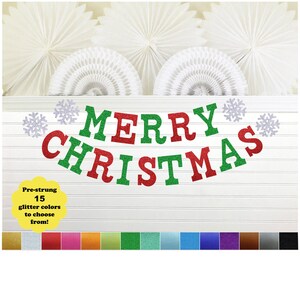 Merry Christmas Banner -5 inch Letters - Snowflake Christmas Mantel Decoration Garland Glitter Home Decor Sparkle Holiday Banner Sign Snow
