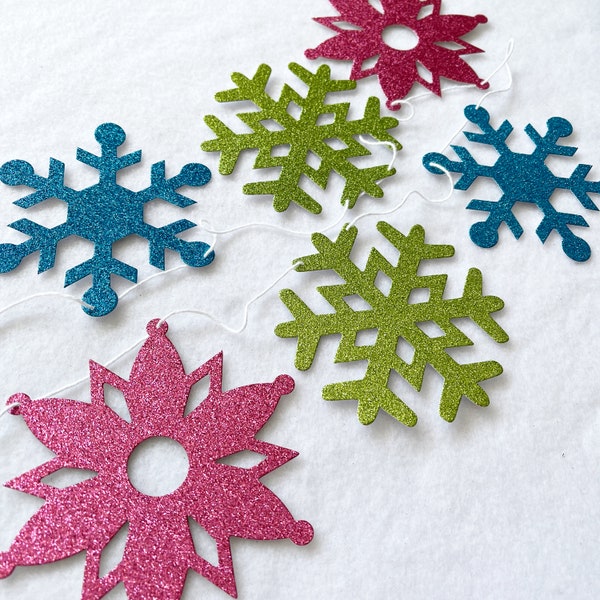 Snowflake Banner - Glitter 4 inch - Retro Bright Holiday Decorations Winter Themed Party Christmas Garland Fireplace MCM Snow Vintage Colors