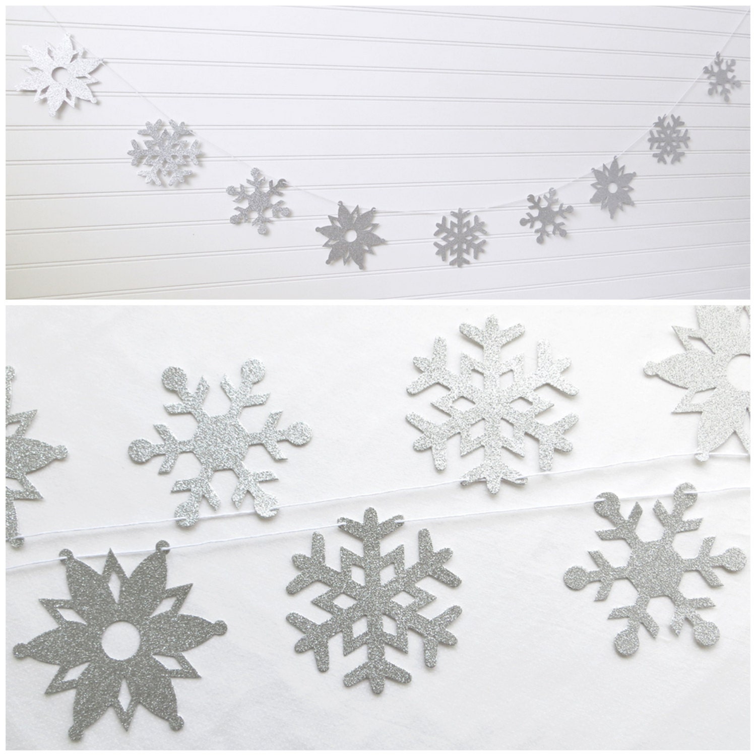 Glitter Snowflake Garland - 5 in and 4.25 in - Winter Birthday Banner…