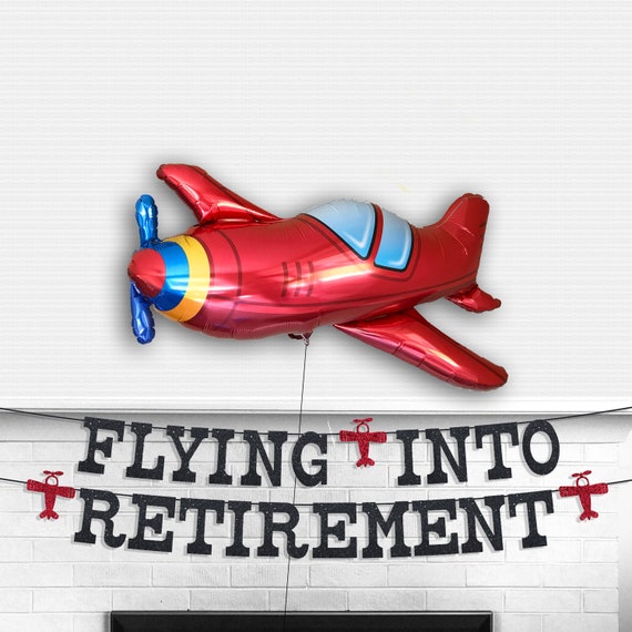 Retirement Party Banner - Glitter 5 inch Letters - Flying Into Retirement Sign Airplane Retired Decor Happy Retirement Decorations Black Red Il_570xn