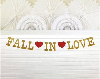 Fall In Love Banner - Glitter 5 inch Letters - Autumn Bridal Shower Bachelorette Party Decorations Fall Engagement Heart Anniversary Sign
