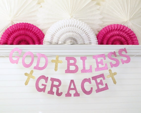 God Bless Banner Custom - Glitter 5 inch Letters - Christening Banner Dedication Baptism Garland Baby Shower Decor Glitter Girl Baptism Sign Il_570xn