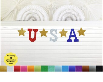 USA Banner Glitter - 5 inch Letters - 4th of July Party Decorations Party Star Patriotic July Decor Garland Independence Day Stars Red Blue