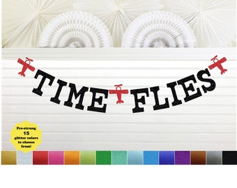 Airplane Birthday Banner - 5 Inch Letters - Time Flies Party Decorations First Plane Theme Garland Vintage Paper Airplane Sign Pilot Flying