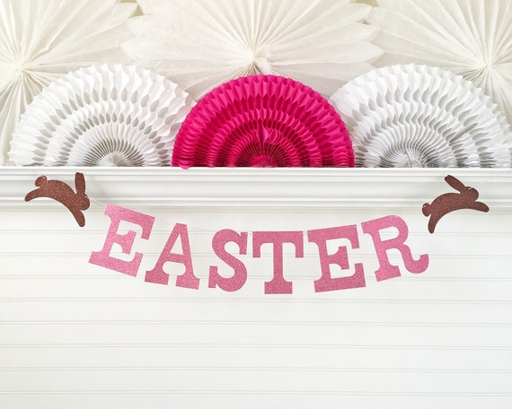 Glitter Easter Banner - 5 inch Letters - Pink Easter Decorations Bunny Garland Spring Photo Prop Spring Decor Rabbit Sign Colorful Glitter Il_570xn