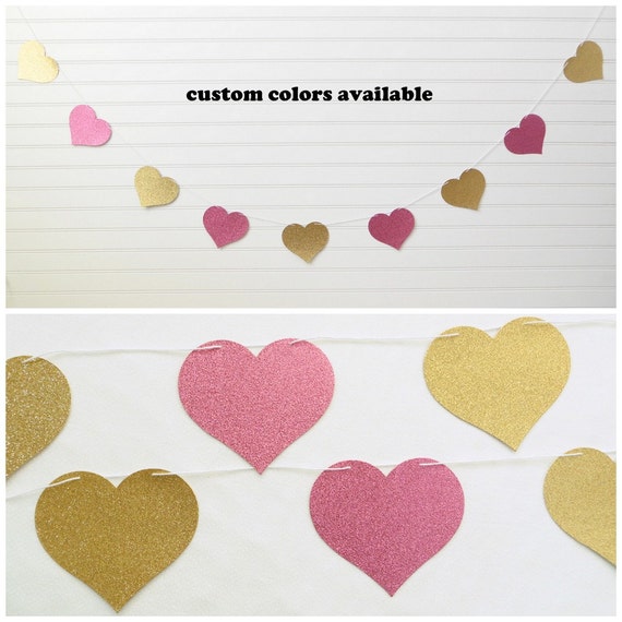 Glitter Heart Garland - 4 Inch - Heart Decoration Glitter Bridal Shower Decor Wedding Engagement Baby Shower Love Heart Banner Gold Pink Il_570xn