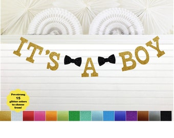 It's a Boy Bow Tie Banner - Glitter 5 Inch Letters - Bowtie Baby Boy Shower Decorations Its A Boy Sign Boy Little Man Shower Lil Mister Gold