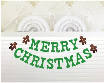 Gingerbread Christmas Banner - Glitter 5 inch Letters - Merry Christmas Garland Xmas Decoration Happy Holiday Baking Sign Gingerbread Man