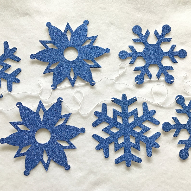Blue Glitter Snowflake Garland 6 ft Long Winter Party Banner Christmas Snow Glam Holiday 2023 Decorations Glittery Royal Navy Onederland image 3