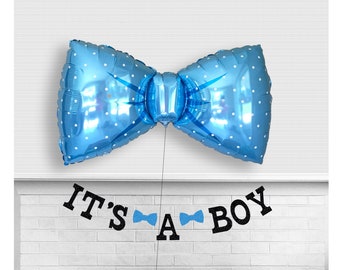 It's a Boy Bow Tie Banner - Glitter 5 Inch Letters - Baby Boy Shower Bowtie Balloon Decorations Its A Boy Sign Little Man Theme Black Blue