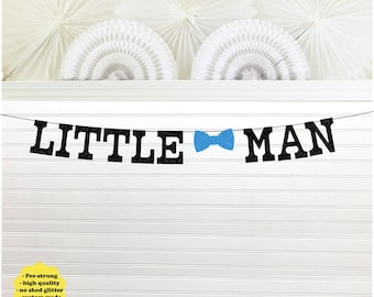 Little Man Bow Tie Banner - 5 Inch Letters - Bowtie Party Decoration Blue Lil Little Man Theme First 1st Birthday Sign Bow Baby Shower Black