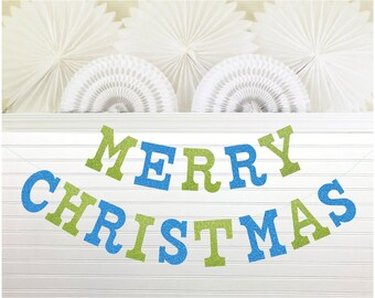 Glitter Merry Christmas Banner - 5 inch Letters - Turquoise Green Holiday Garland Colorful Fireplace Decoration Sign Retro Mid Century Mod