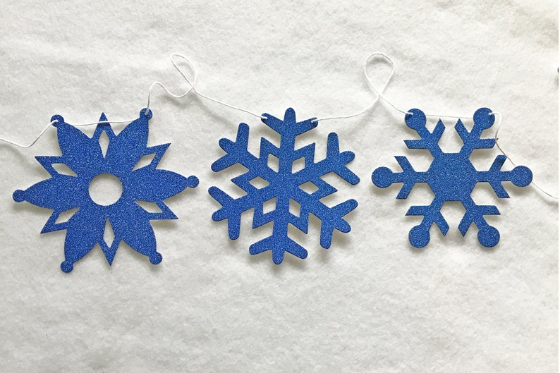 Blue Glitter Snowflake Garland 6 ft Long Winter Party Banner Christmas Snow Glam Holiday 2023 Decorations Glittery Royal Navy Onederland image 2