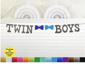 Twin Boys Banner - Glitter 5 Inch Letters - Bow Tie Twins Boy Baby Shower Decoration It's Twins Garland Twin Babies Sign Announcement