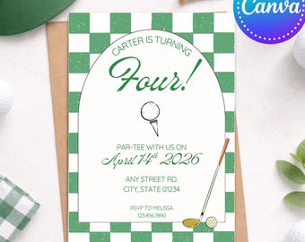Boys 4th birthday golf invite, Editable fourth bday partee golfer Invitation, Boys turning four Birthday, Digital Party Template printable