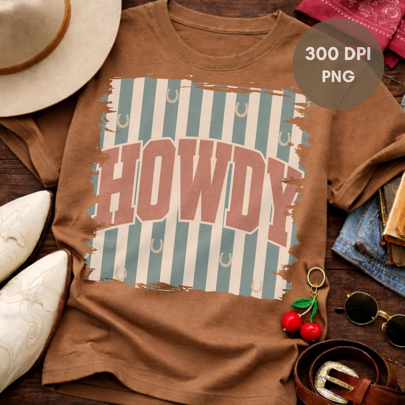 Peut inclure: T-shirt marron avec le mot "HOWDY" dans une police r&eacute;tro, sur un fond de rayures verticales bleues et blanches et de fers &agrave; cheval. Le t-shirt a un aspect vieilli. L'image comprend &eacute;galement un chapeau et des bottes de cowboy.