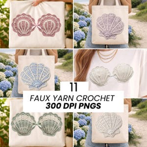 May include: A collection of images showcasing crochet seashell designs. The designs are featured on tote bags and a t-shirt. The text "11 FAUX YARN CROCHET 300 DPI PNGS" is displayed in the center of the image.