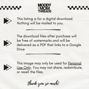 Peut inclure: Graphique d'informations de t&eacute;l&eacute;chargement num&eacute;rique avec le texte "MOODY MOM THREADS". L'annonce concerne un t&eacute;l&eacute;chargement num&eacute;rique, aucun article physique ne sera envoy&eacute;. Les fichiers sont sans filigrane et livr&eacute;s en PDF.