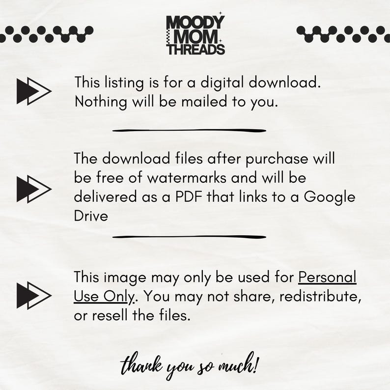 Peut inclure: Graphique d'informations de t&eacute;l&eacute;chargement num&eacute;rique avec le texte "MOODY MOM THREADS". L'annonce concerne un t&eacute;l&eacute;chargement num&eacute;rique, aucun article physique ne sera envoy&eacute;. Les fichiers sont sans filigrane et livr&eacute;s en PDF.