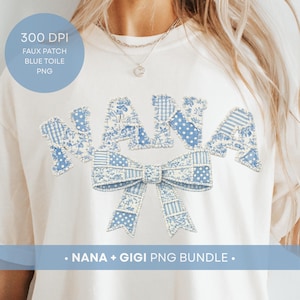 Blue Toile Faux Patchwork Nana Shirt, Quilt Nana Png, Gigi Sublimation Design, Floral Gigi Shirt png, Coquette grandmother png, Cottagecore