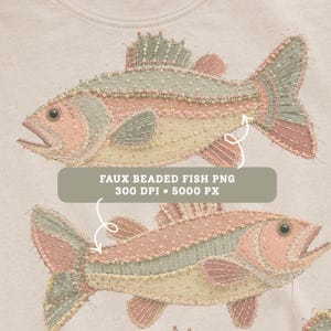May include: Two faux beaded fish designs in pastel colors. The fish have pink, green, and yellow stripes with beaded details. The text "FAUX BEADED FISH PNG 300 DPI • 5000 PX" is in a rectangular box below the fish.